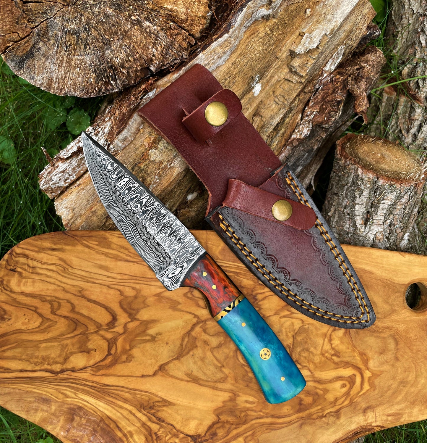 Damascus Knife, Garnet Starlight Hand Forged Knife Hunting Knife by Titan TK-014