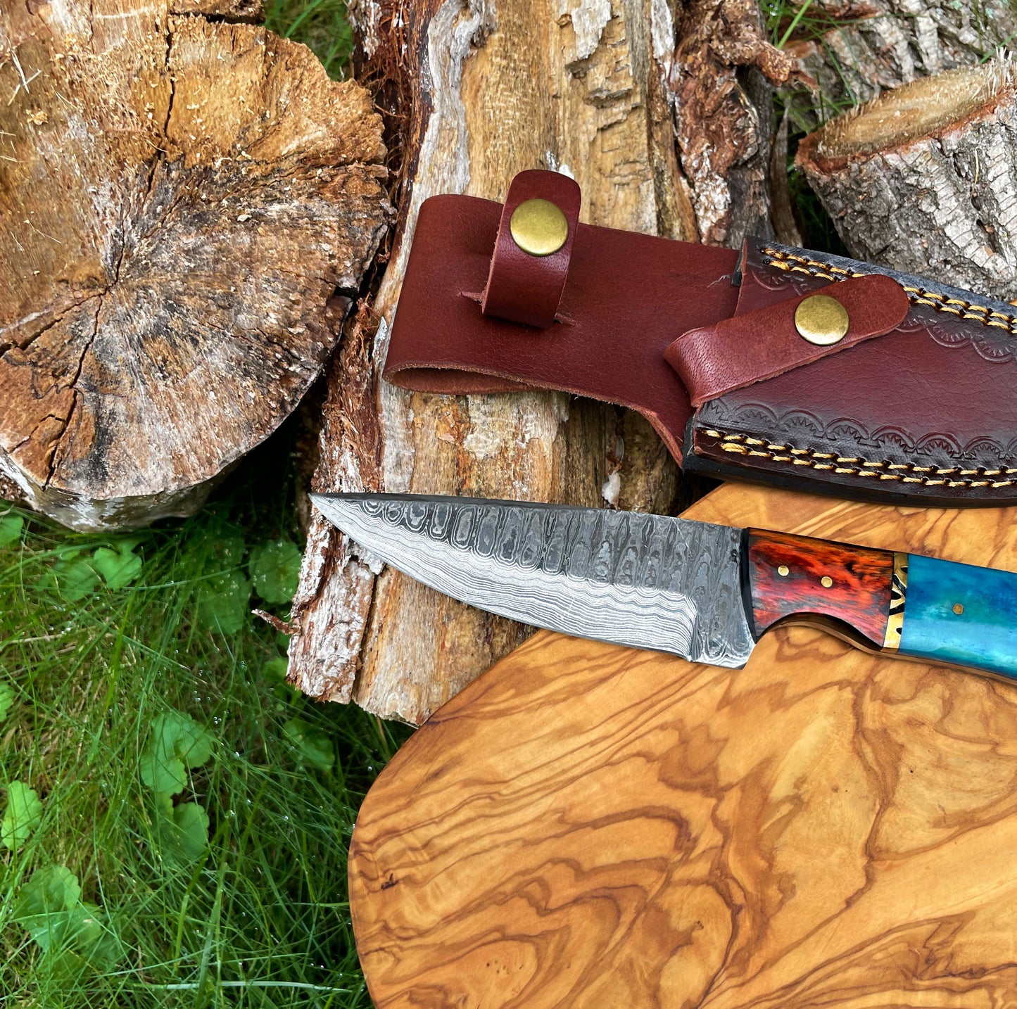 Damascus Knife, Garnet Starlight Hand Forged Knife Hunting Knife by Titan TK-014