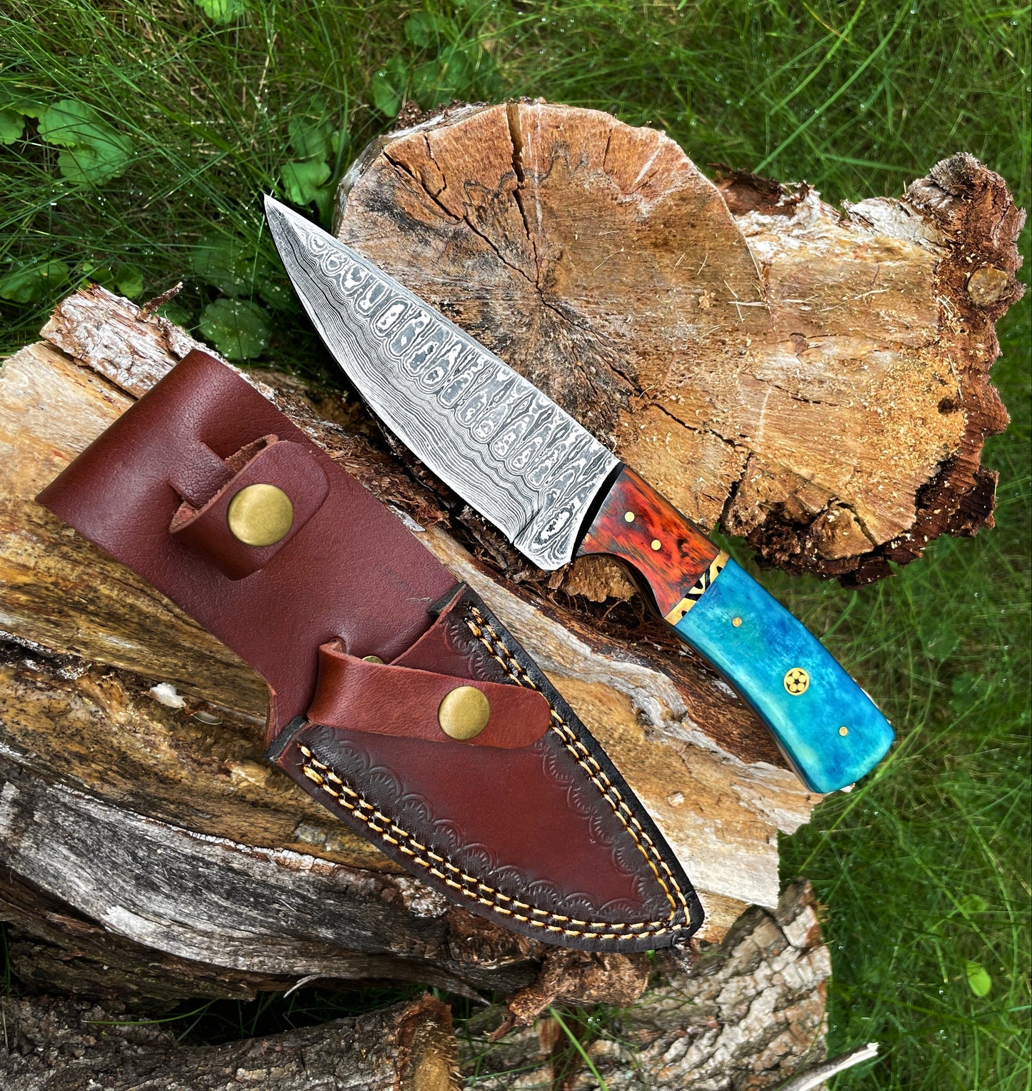 Damascus Knife, Garnet Starlight Hand Forged Knife Hunting Knife by Titan TK-014