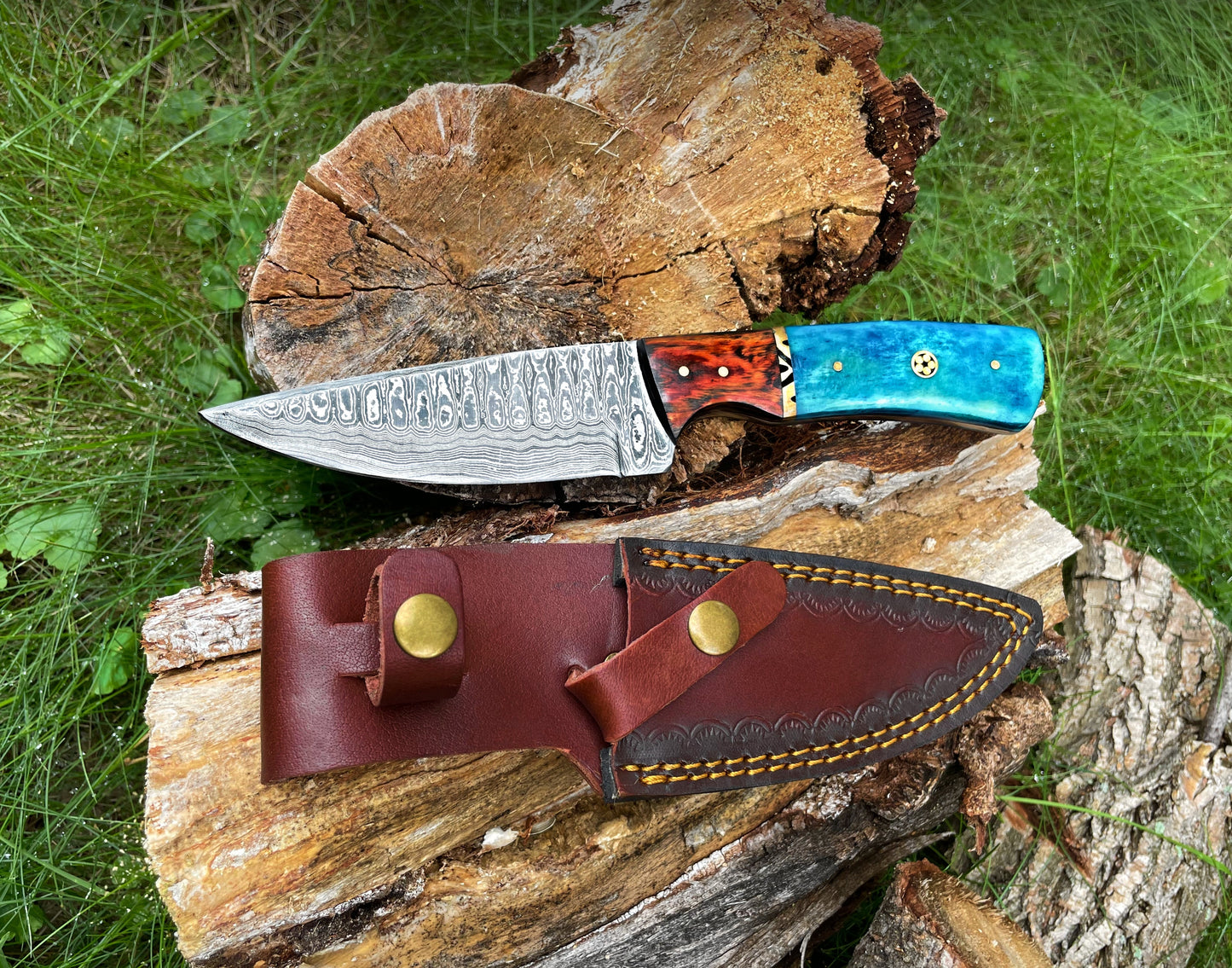 Damascus Knife, Garnet Starlight Hand Forged Knife Hunting Knife by Titan TK-014