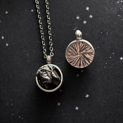 Small Round Meteorite Pendant Necklace in Matte Brushed Silver