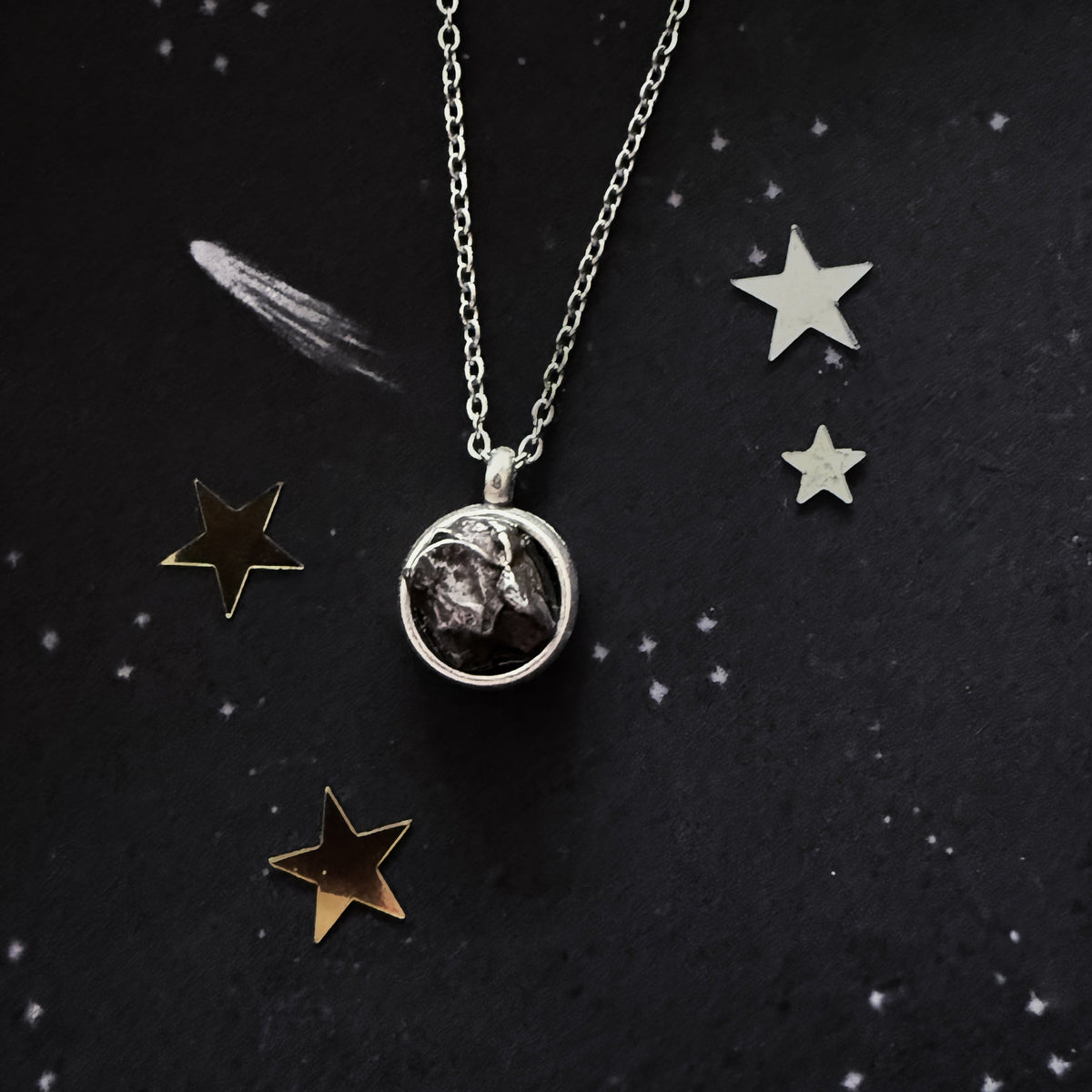 Small Round Meteorite Pendant Necklace in Matte Brushed Silver