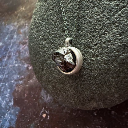 Small Round Meteorite Pendant Necklace in Matte Brushed Silver