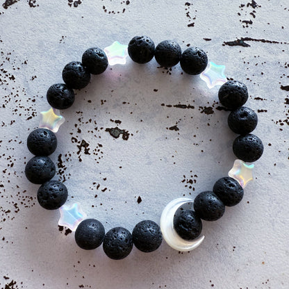 Crescent Moon Lava Bead Bracelet