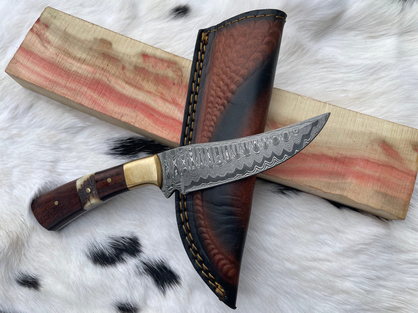 CUSTOM HANDMADE FORGED DAMASCUS STEEL HUNTING KNIFE BLADE WITH BLACK WALNUT and STAG HORN SCALES TK-058