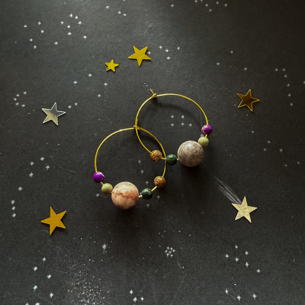 CLEARANCE Jupiter and Galilean Moons Jasper Bead Hoop Earrings