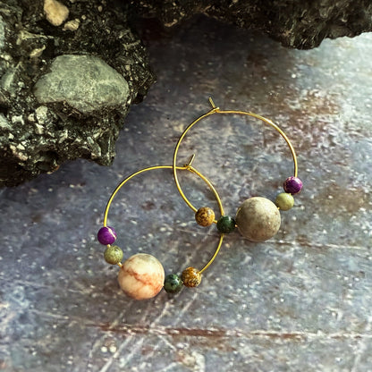 CLEARANCE Jupiter and Galilean Moons Jasper Bead Hoop Earrings