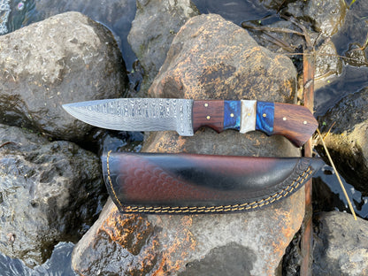 Handmade High Carbon Damascus Steel Hunting Knife/Leather Sheath, Finger Grooves TK-031