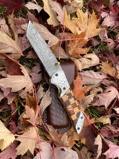 Damascus Steel Eagle Engraved Checkered Pocket Knife TF-086