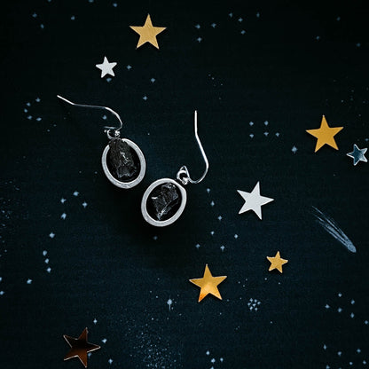 Oval Dangle Earrings With Raw Meteorite