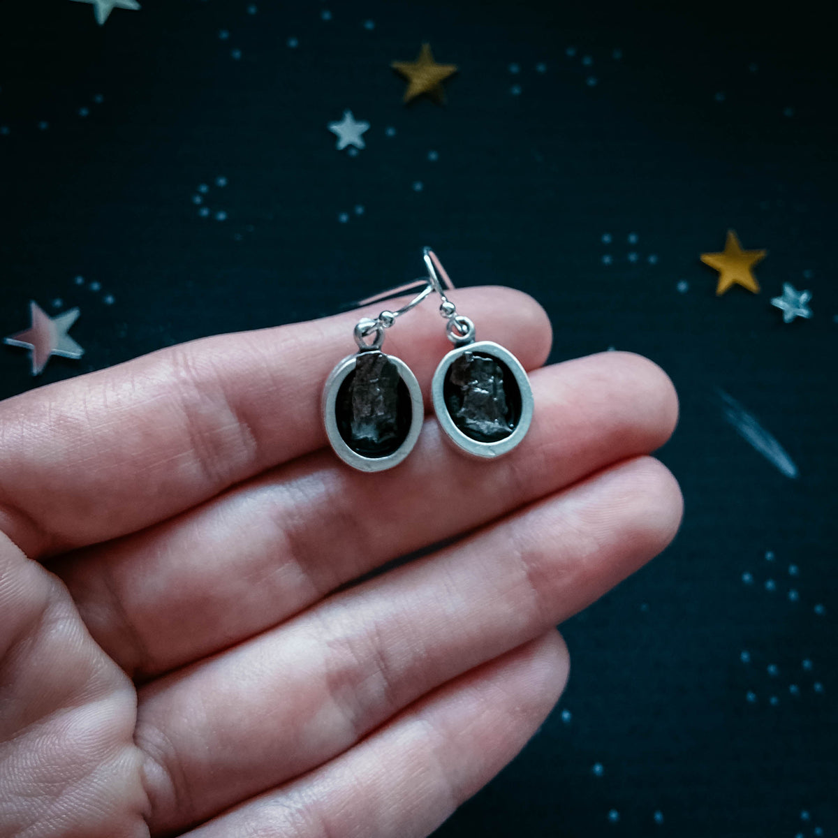 Oval Dangle Earrings With Raw Meteorite