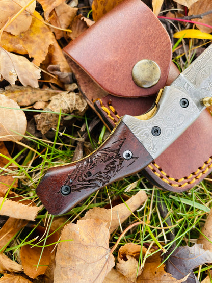 Damascus Steel Handmade Folding Knife Wolf Engraved TF-083 Limited Run
