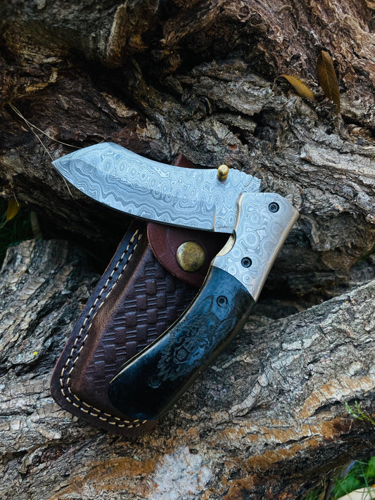 Damascus Steel Folding Knife Wolf Engraved TF-084