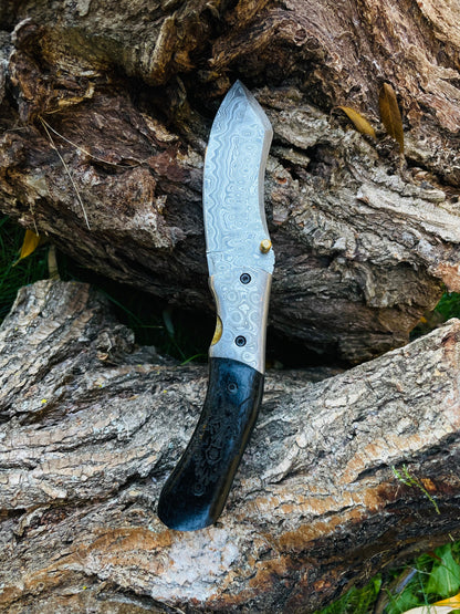 Damascus Steel Folding Knife Wolf Engraved TF-084