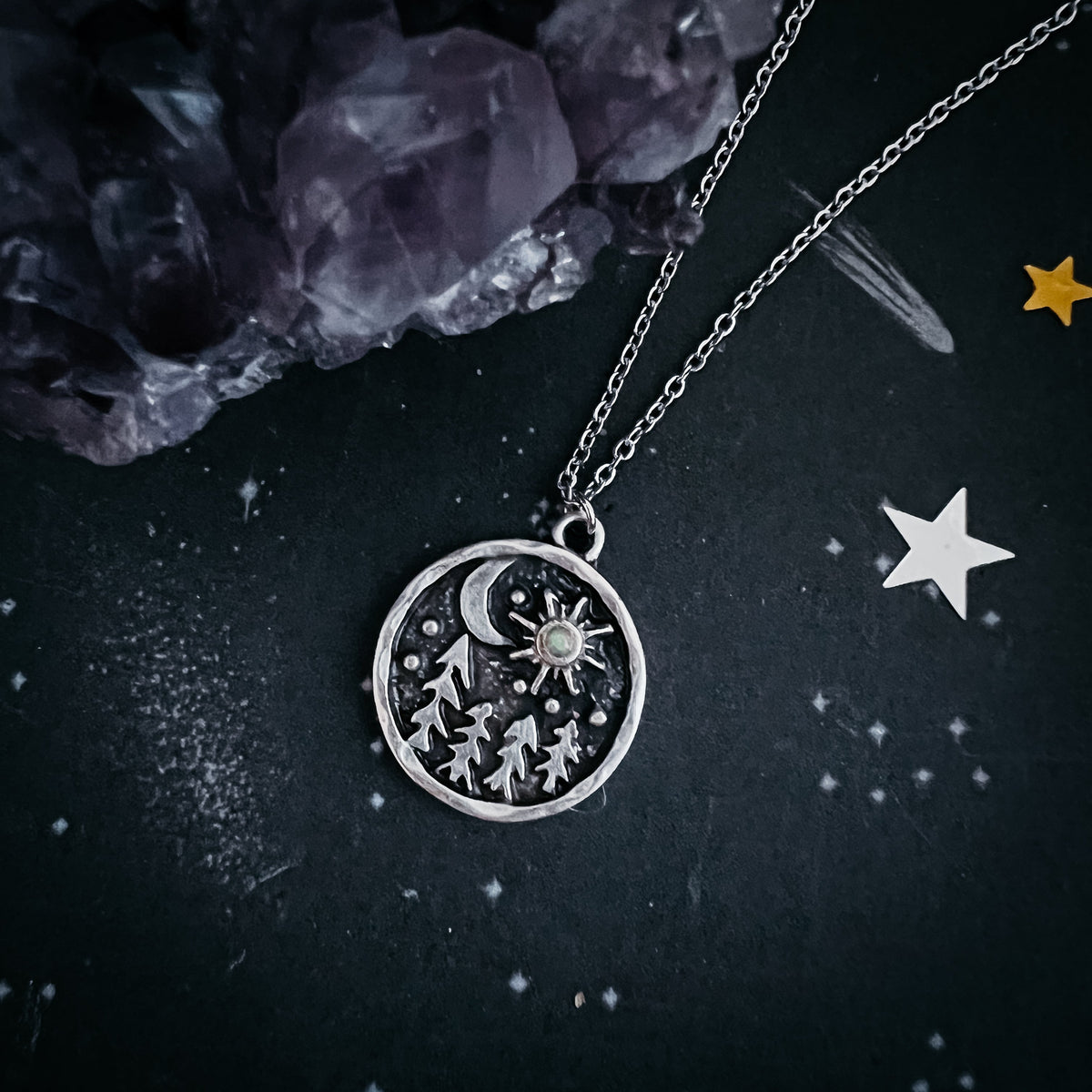 Starry Forest Night Pendant Necklace With Opal