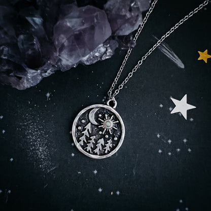 Starry Forest Night Pendant Necklace With Opal