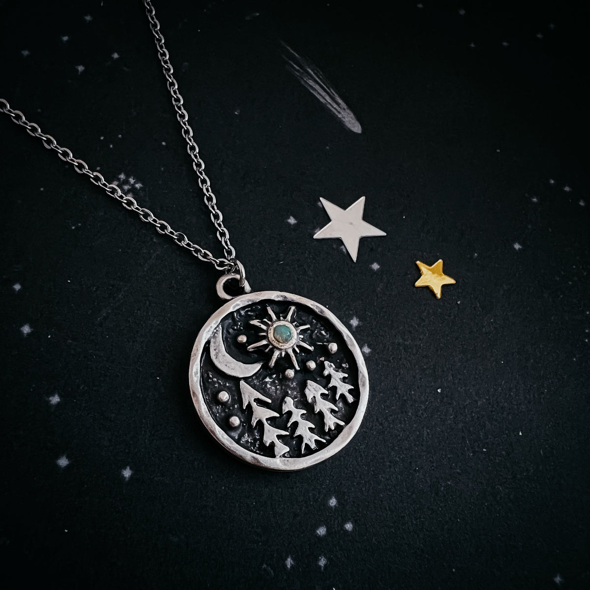 Starry Forest Night Pendant Necklace With Opal