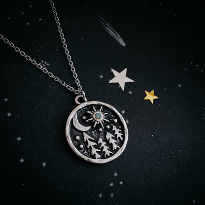 Starry Forest Night Pendant Necklace With Opal