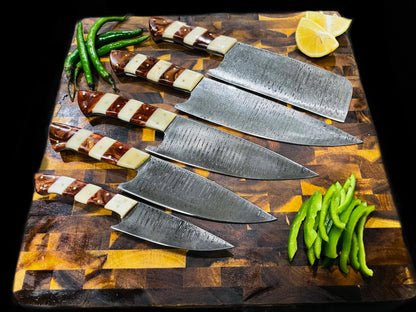 5-Piece Damascus & Arylic Knife Set / With Leather Carry Bag