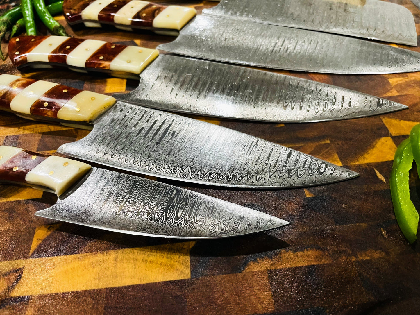 5-Piece Damascus & Arylic Knife Set / With Leather Carry Bag