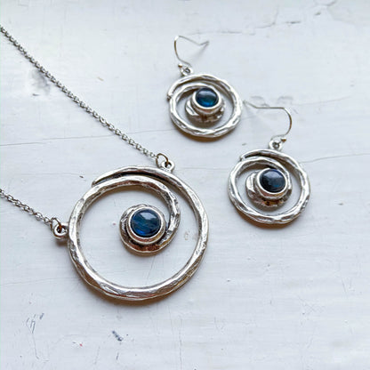Milky Way Jewelry Set - Spiral Silver Necklace and Earrings With Labradorite