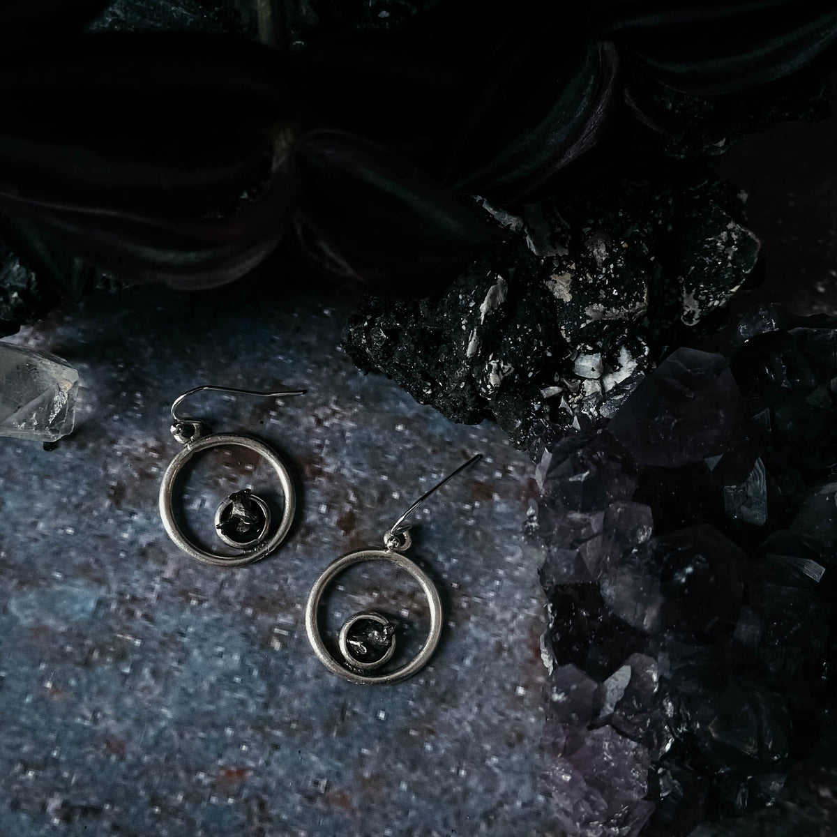 Circle Silver Earrings With Raw Meteorite