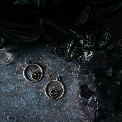 Circle Silver Earrings With Raw Meteorite