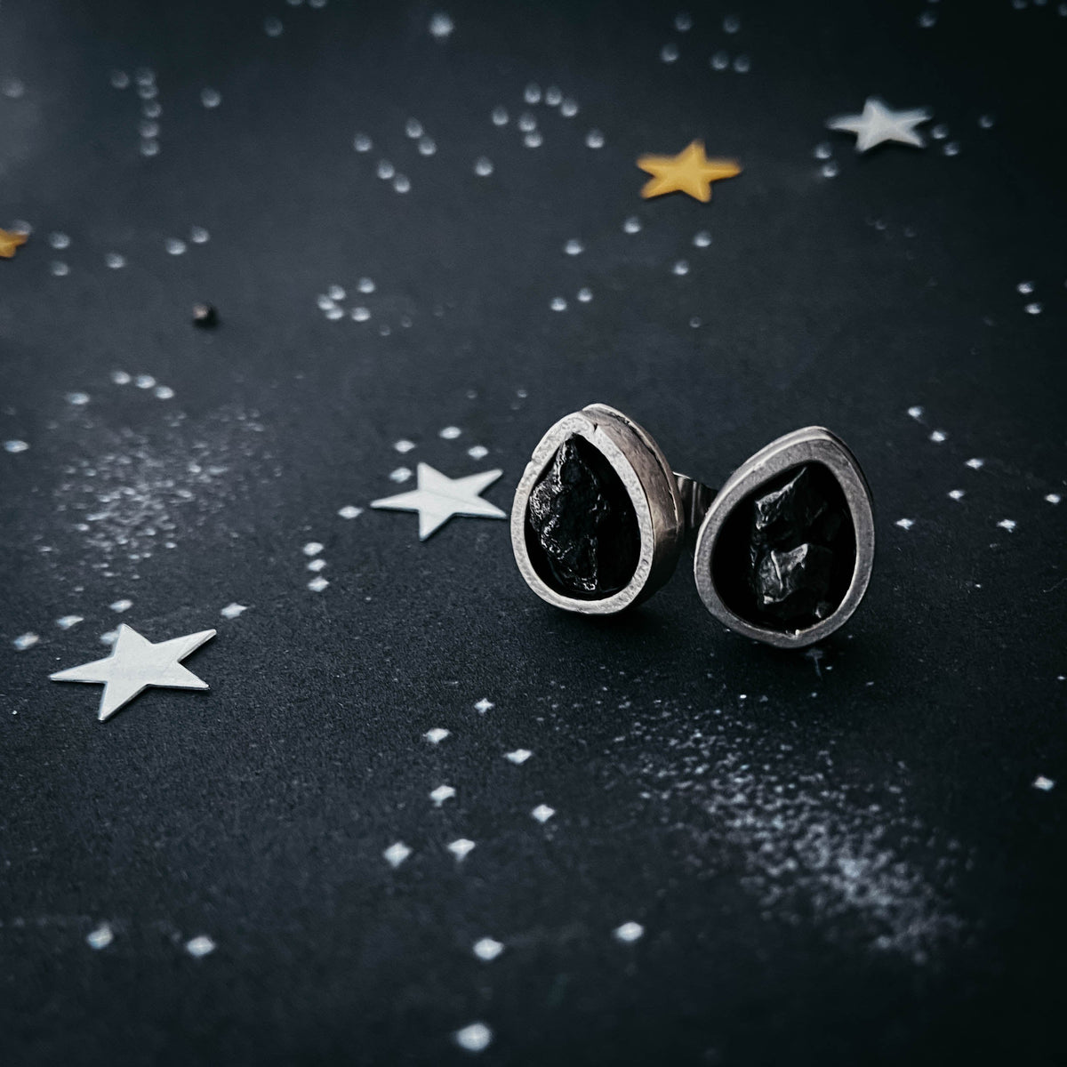 Pear Shaped Teardrop Meteorite Stud Earrings