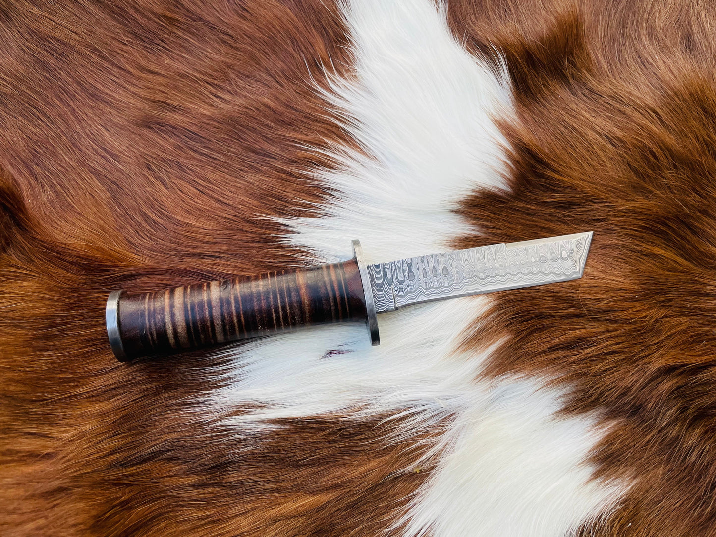 Military Style Tanto Knife High Carbon Damascus Blade Hand Made by Titan Stacked Leather Handle TD-235
