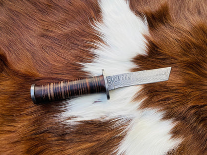 Military Style Tanto Knife High Carbon Damascus Blade Hand Made by Titan Stacked Leather Handle TD-235