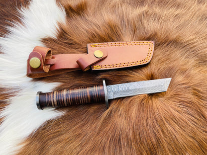 Military Style Tanto Knife High Carbon Damascus Blade Hand Made by Titan Stacked Leather Handle TD-235
