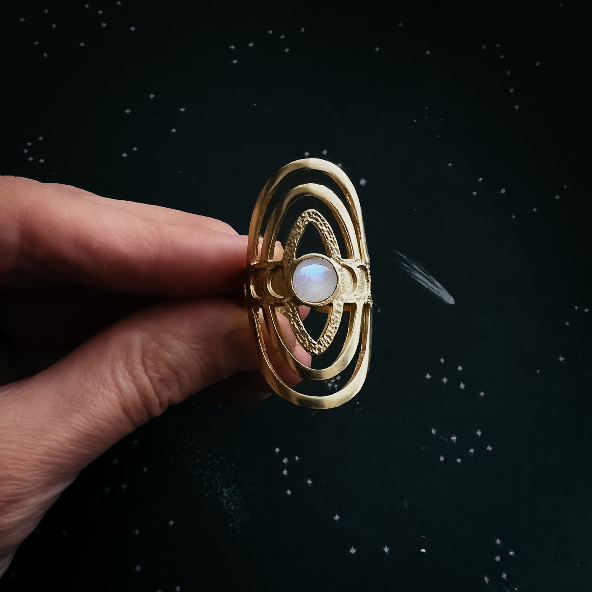 CLEARANCE Gold Cosmic Ripple Ring With Rainbow Moonstone and Phases of the Moon