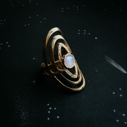 CLEARANCE Gold Cosmic Ripple Ring With Rainbow Moonstone and Phases of the Moon