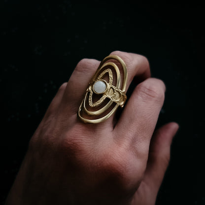 CLEARANCE Gold Cosmic Ripple Ring With Rainbow Moonstone and Phases of the Moon