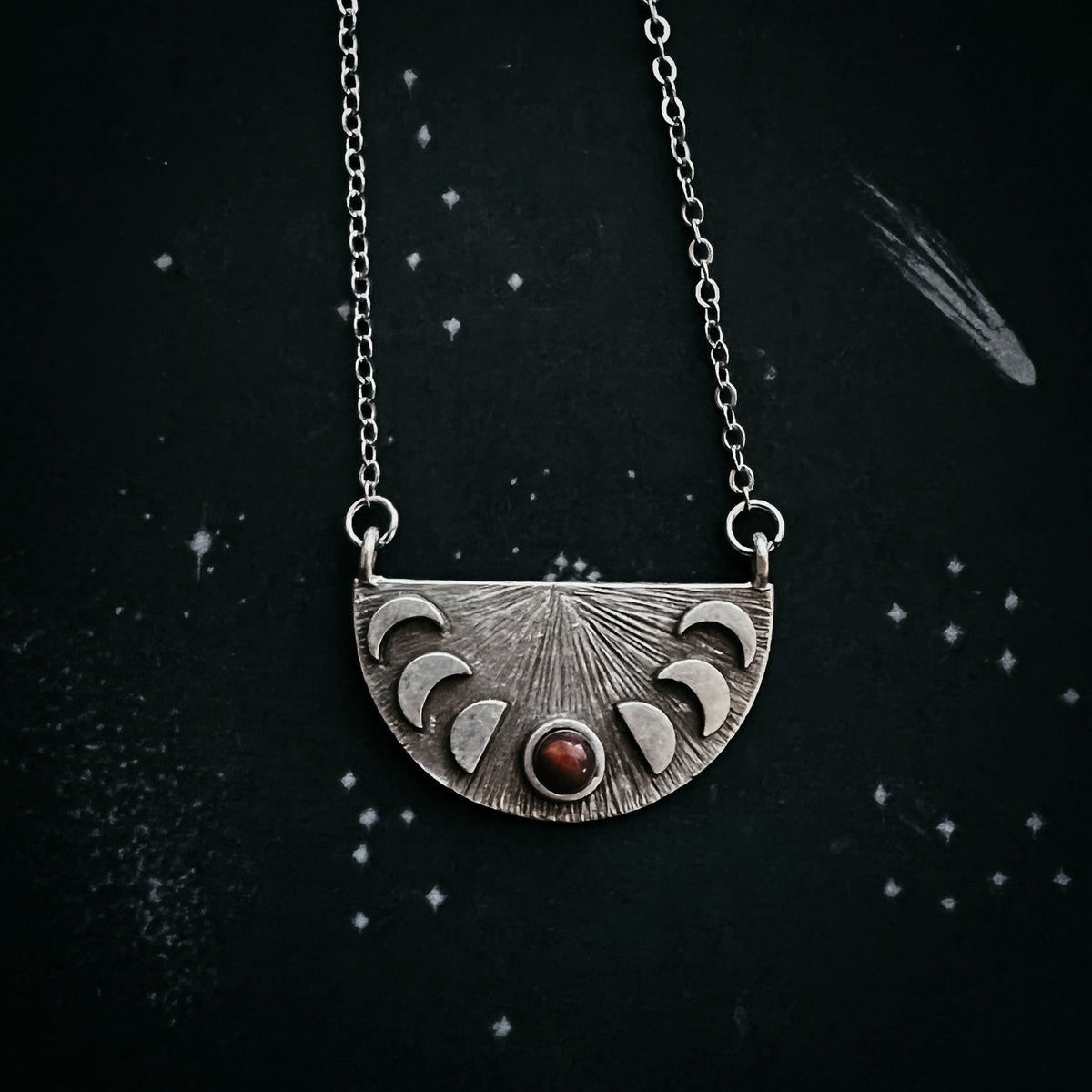 Lunar Eclipse Half Circle Pendant Necklace With Moon Phases and Black Opal