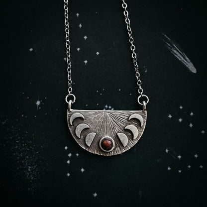 Lunar Eclipse Half Circle Pendant Necklace With Moon Phases and Black Opal