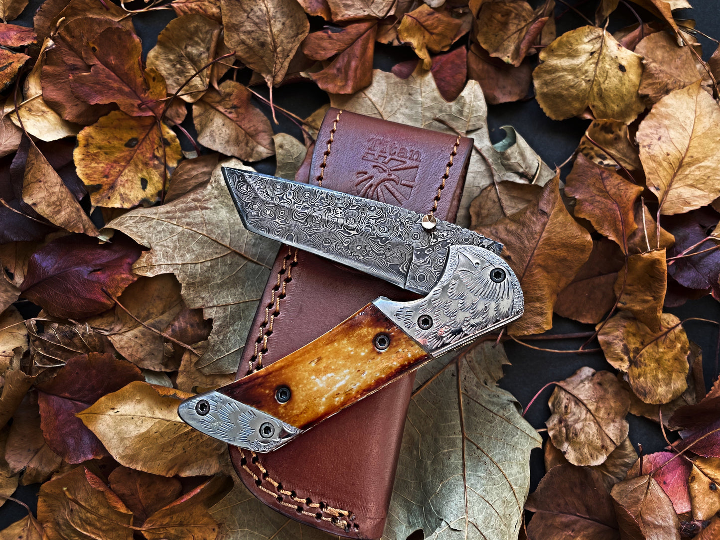Titan American Eagle - Raindrop Damascus Folding Blade/ EDC/ Eagle Engraved Steel Bolster TF-021X