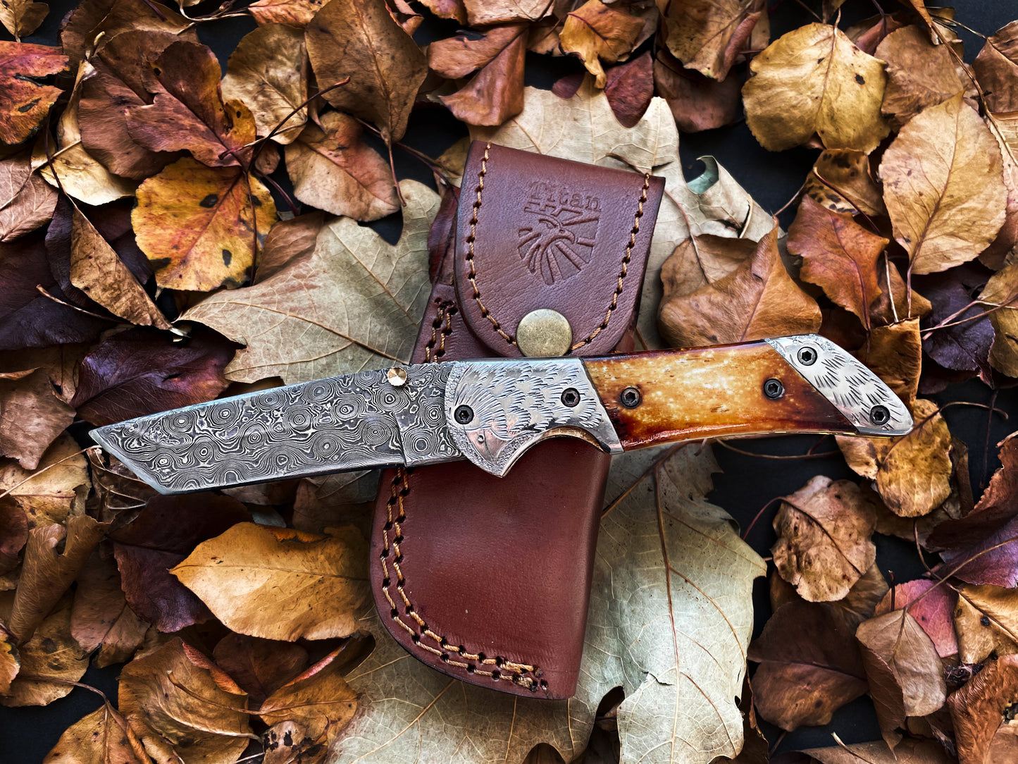 Titan American Eagle - Raindrop Damascus Folding Blade/ EDC/ Eagle Engraved Steel Bolster TF-021X