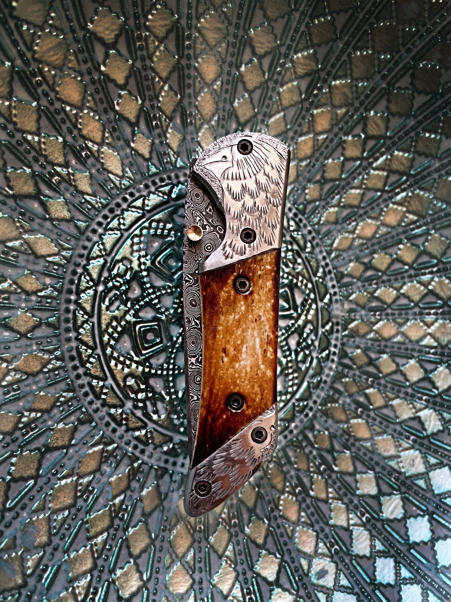 Titan American Eagle - Raindrop Damascus Folding Blade/ EDC/ Eagle Engraved Steel Bolster TF-021X