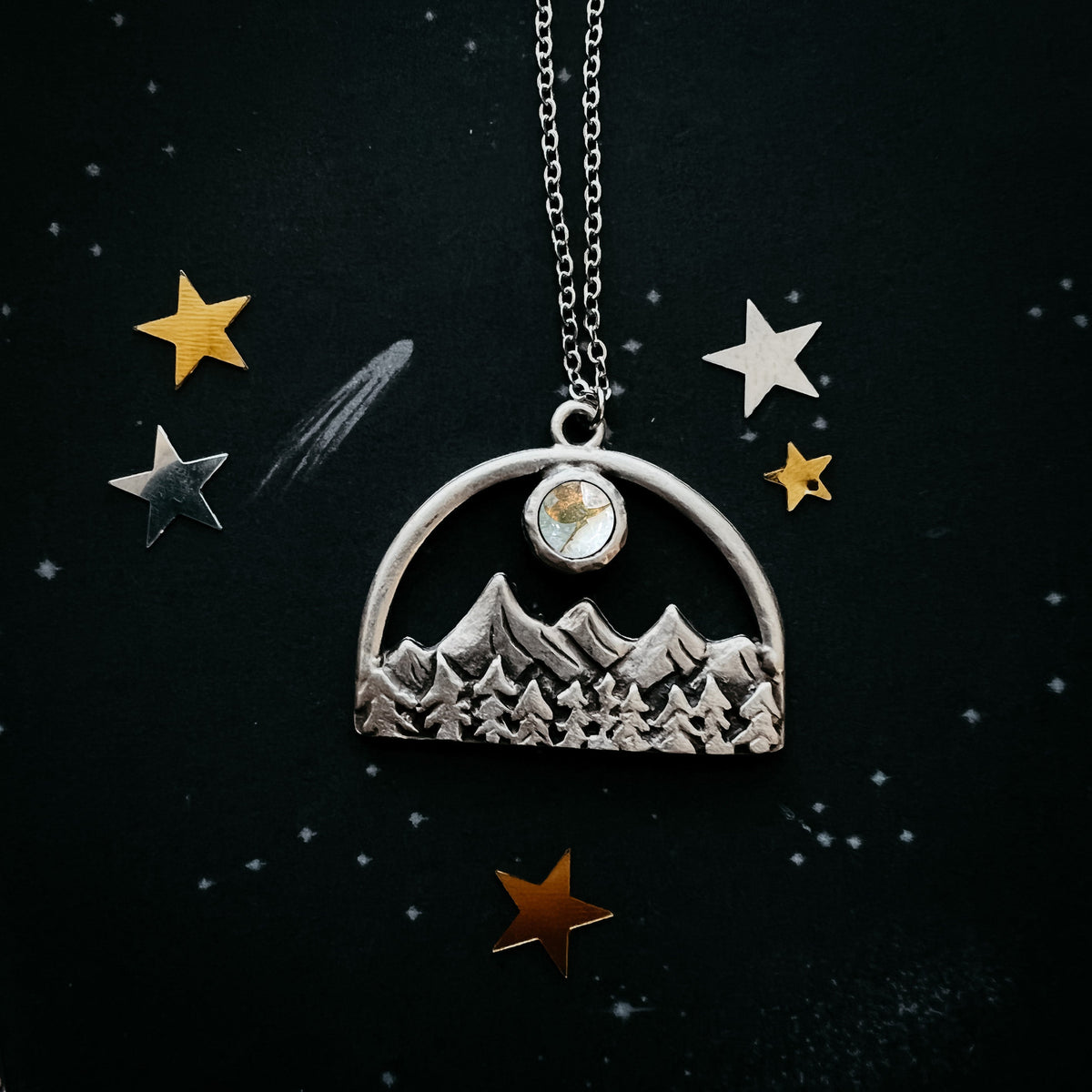 CLEARANCE Semicircle Mountain Landscape Necklace With Copper Calcite Moon