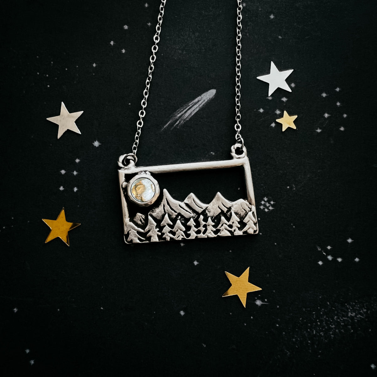 CLEARANCE Rectangle Mountain Landscape Necklace With Copper Calcite Moon