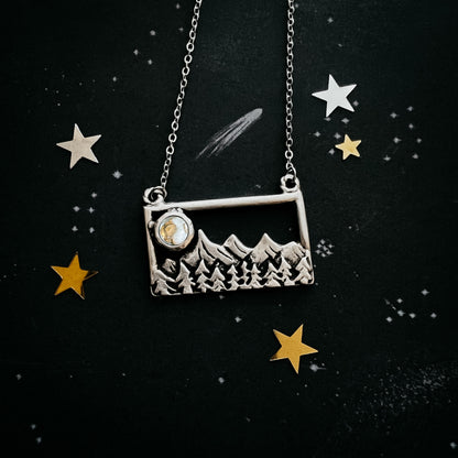CLEARANCE Rectangle Mountain Landscape Necklace With Copper Calcite Moon