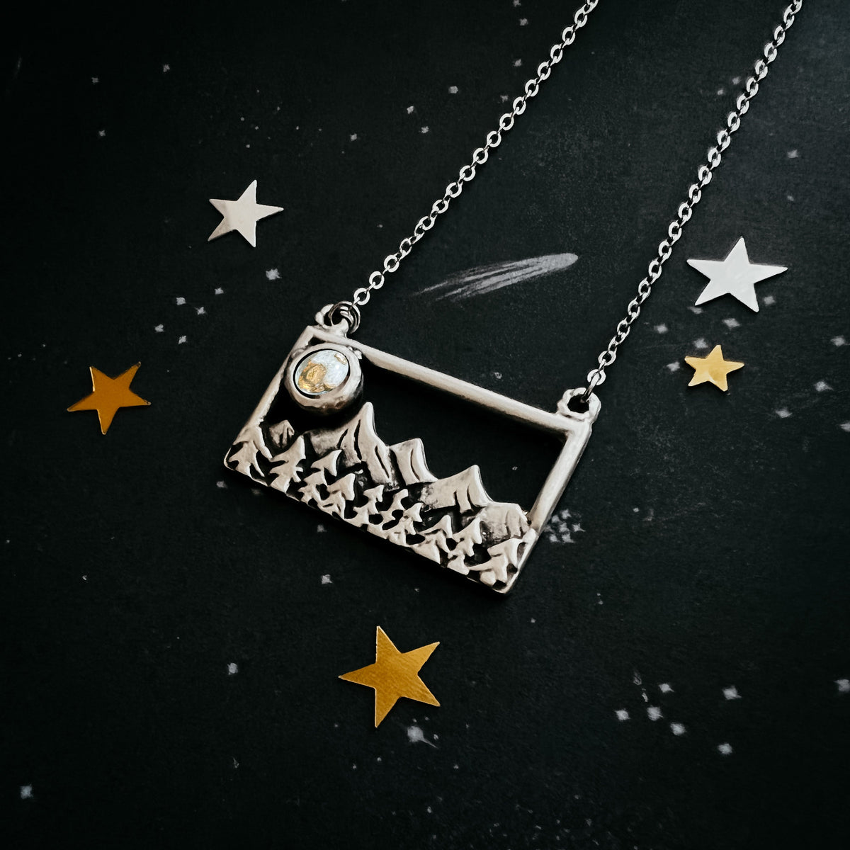 CLEARANCE Rectangle Mountain Landscape Necklace With Copper Calcite Moon