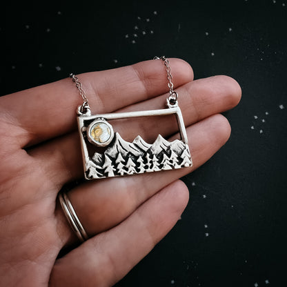 CLEARANCE Rectangle Mountain Landscape Necklace With Copper Calcite Moon