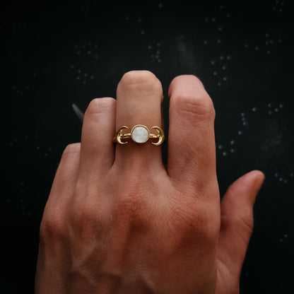 Lunar Witch Crescent Moon Ring With Rainbow Moonstone