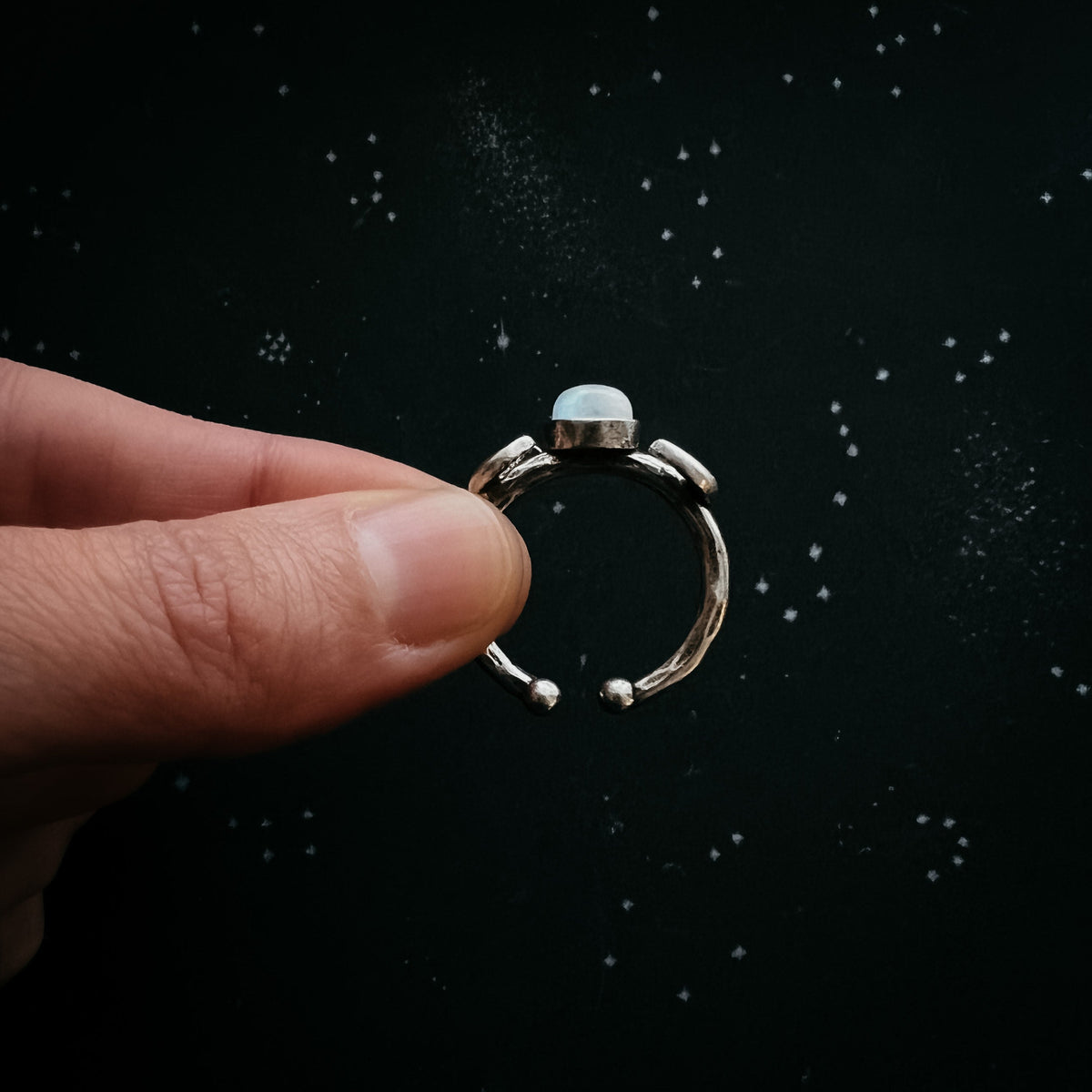 Lunar Witch Crescent Moon Ring With Rainbow Moonstone