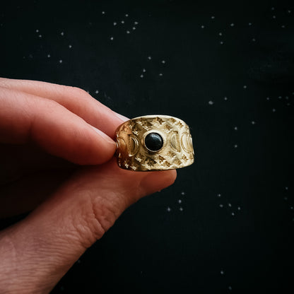 Eclipse Ring With Moon Phases and Black Opal