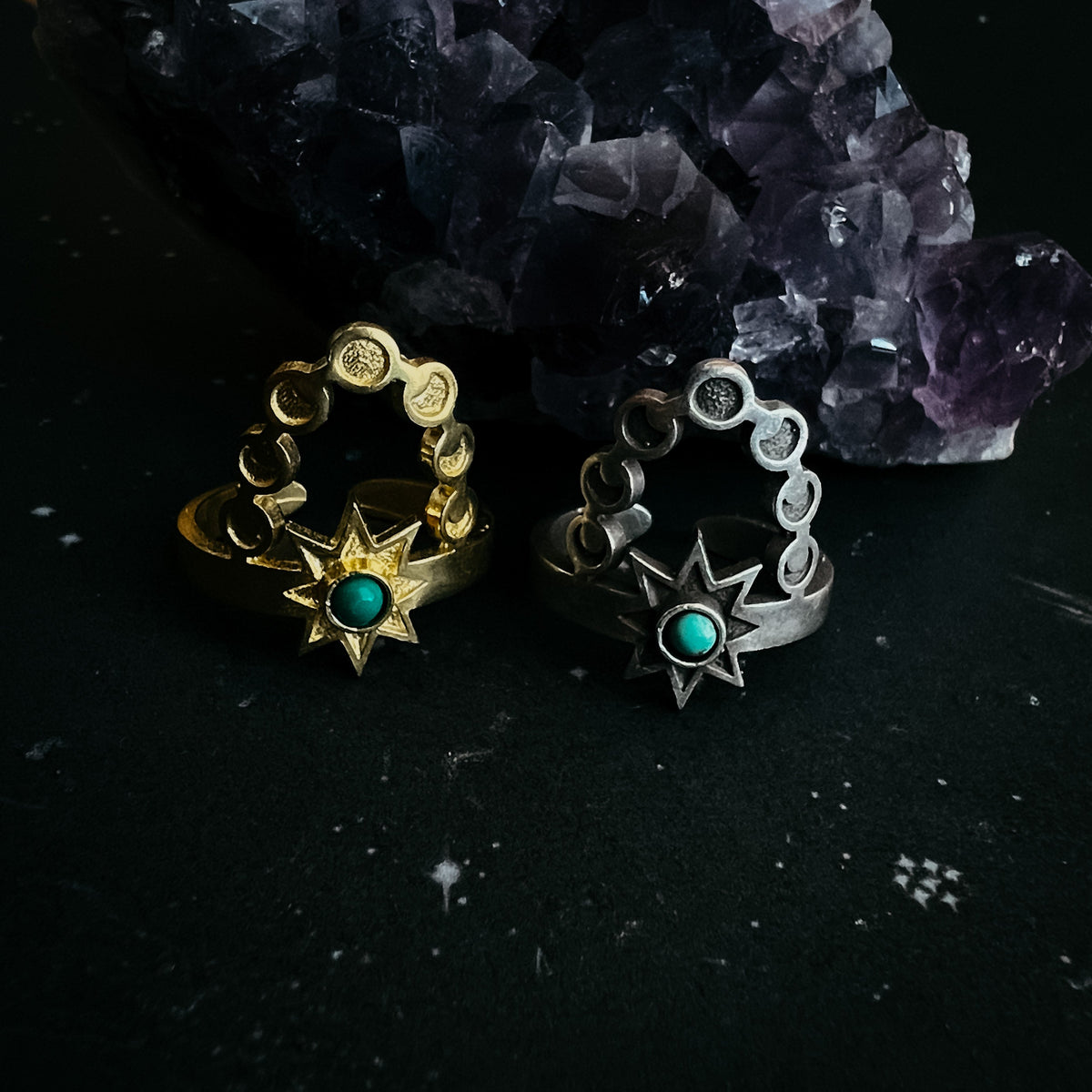 CLEARANCE Cosmic Dance Ring With Turquoise, Moon Phases, and Sun