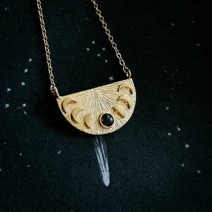 Lunar Eclipse Half Circle Pendant Necklace With Moon Phases and Black Opal