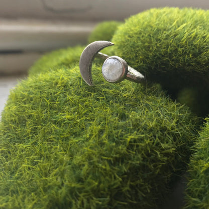 Moon Goddess Ring - Crescent Moon With Rainbow Moonstone